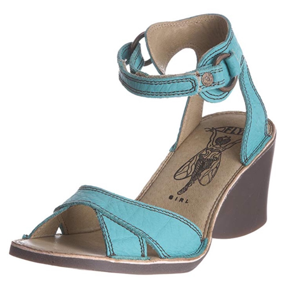 Fly London turquoise open toe ankle strap wedge heel sandals